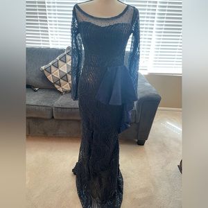 Custom heavily beaded navy evening gown